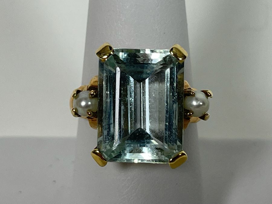 Large 14K Gold Aquamarine Emerald-Cut Stone With Pearls Ring Size 8.25 - 7g