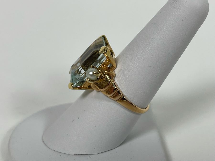 Large 14K Gold Aquamarine Emerald-Cut Stone With Pearls Ring Size 8.25 - 7g [Photo 14]