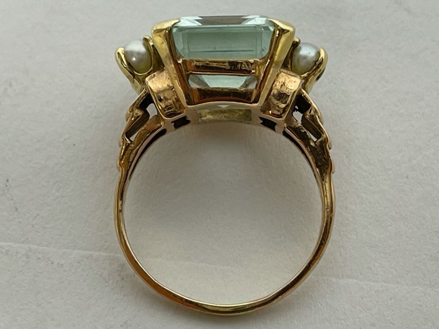 Large 14K Gold Aquamarine Emerald-Cut Stone With Pearls Ring Size 8.25 - 7g [Photo 18]