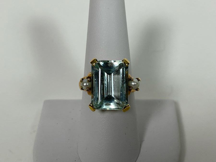 Large 14K Gold Aquamarine Emerald-Cut Stone With Pearls Ring Size 8.25 - 7g [Photo 7]