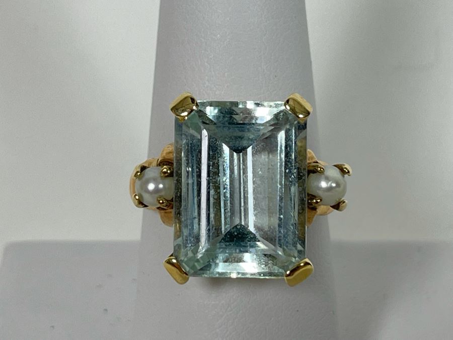 Large 14K Gold Aquamarine Emerald-Cut Stone With Pearls Ring Size 8.25 - 7g [Photo 6]