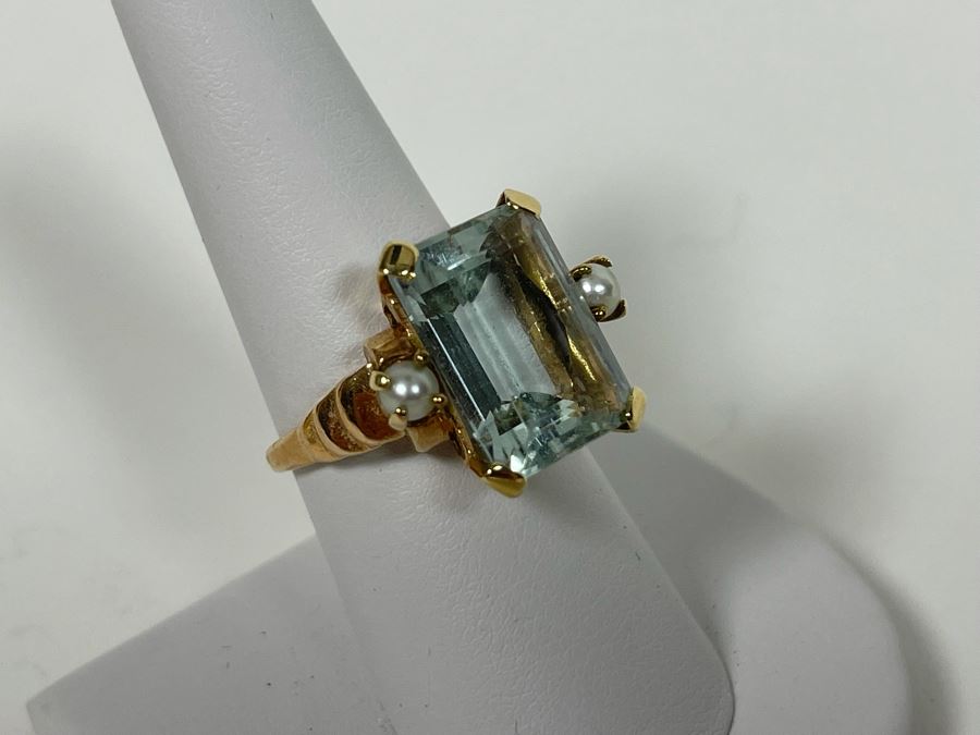 Large 14K Gold Aquamarine Emerald-Cut Stone With Pearls Ring Size 8.25 - 7g [Photo 10]