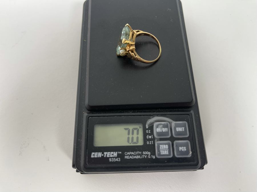 Large 14K Gold Aquamarine Emerald-Cut Stone With Pearls Ring Size 8.25 - 7g [Photo 22]