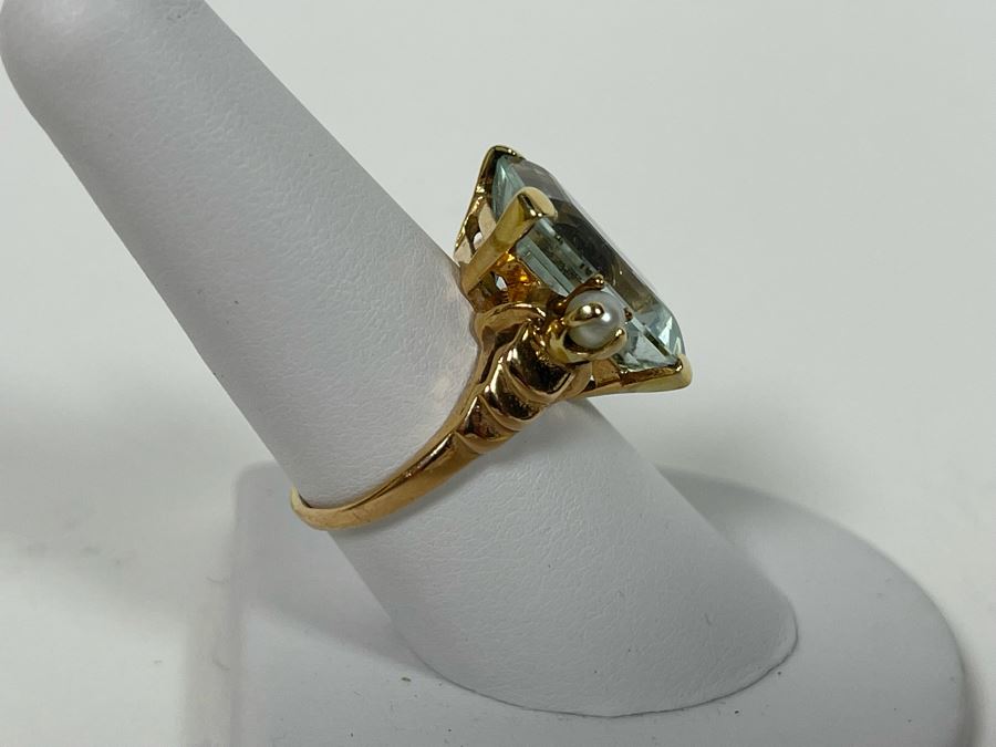 Large 14K Gold Aquamarine Emerald-Cut Stone With Pearls Ring Size 8.25 - 7g [Photo 12]