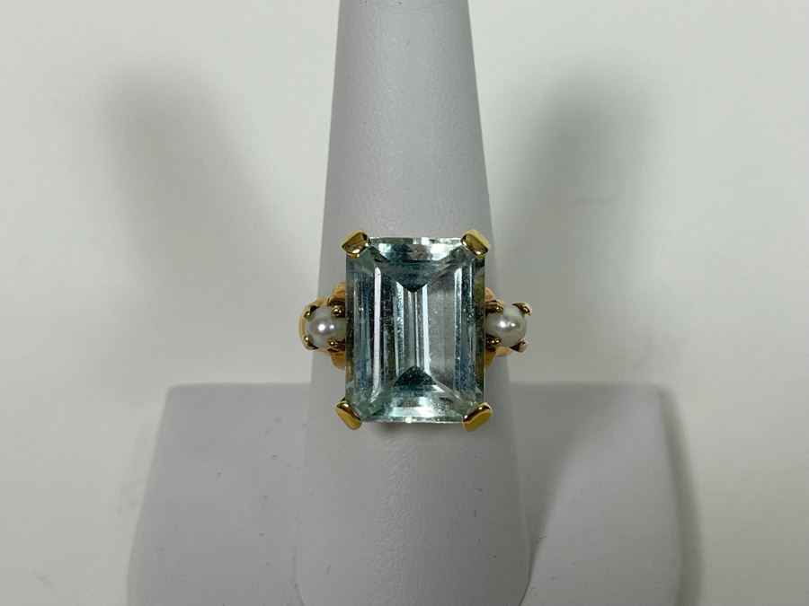 Large 14K Gold Aquamarine Emerald-Cut Stone With Pearls Ring Size 8.25 - 7g [Photo 8]
