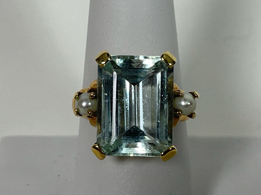 Large 14K Gold Aquamarine Emerald-Cut Stone With Pearls Ring Size 8.25 - 7g [Photo 5]