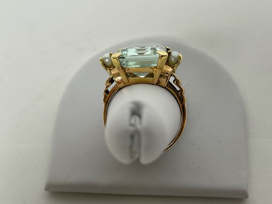 Large 14K Gold Aquamarine Emerald-Cut Stone With Pearls Ring Size 8.25 - 7g [Photo 13]