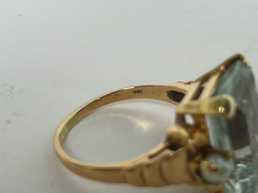 Large 14K Gold Aquamarine Emerald-Cut Stone With Pearls Ring Size 8.25 - 7g [Photo 20]