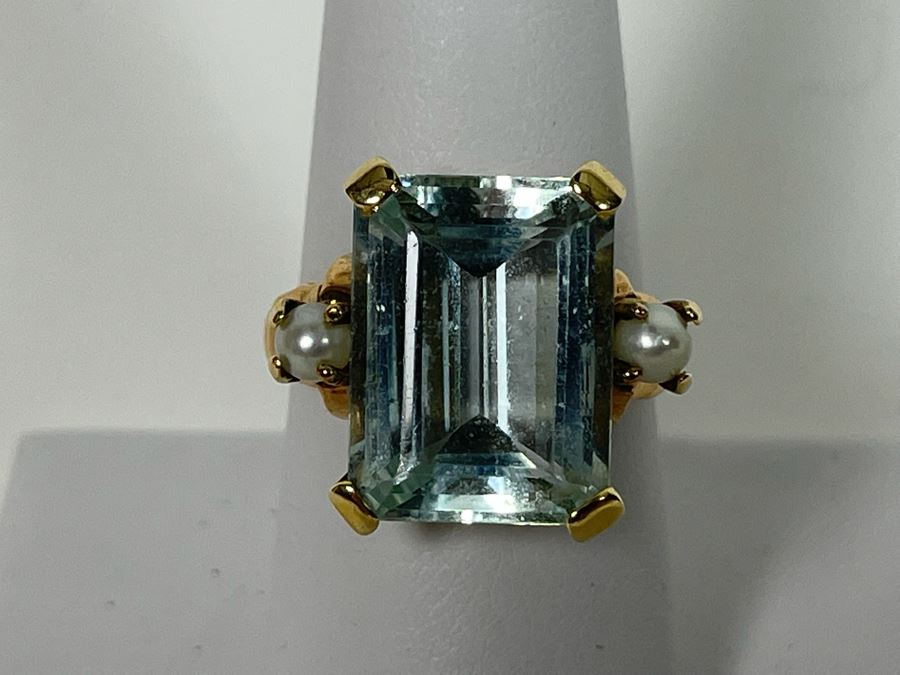 Large 14K Gold Aquamarine Emerald-Cut Stone With Pearls Ring Size 8.25 - 7g [Photo 3]