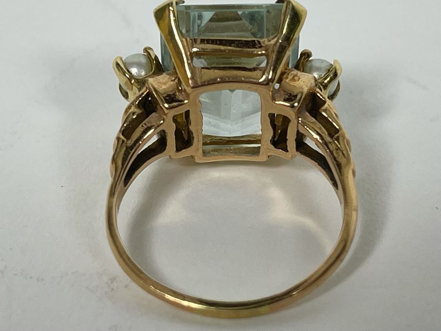 Large 14K Gold Aquamarine Emerald-Cut Stone With Pearls Ring Size 8.25 - 7g [Photo 19]