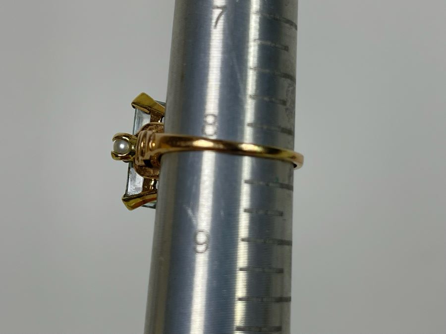 Large 14K Gold Aquamarine Emerald-Cut Stone With Pearls Ring Size 8.25 - 7g [Photo 21]