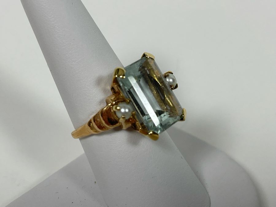 Large 14K Gold Aquamarine Emerald-Cut Stone With Pearls Ring Size 8.25 - 7g [Photo 9]