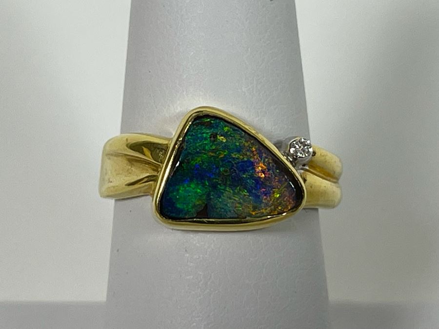 18K Gold Bezel Set Fine Quality Opal And Diamond Dress Ring Size 7.25 Appraised At $2,700 In 2003 [Photo 2]