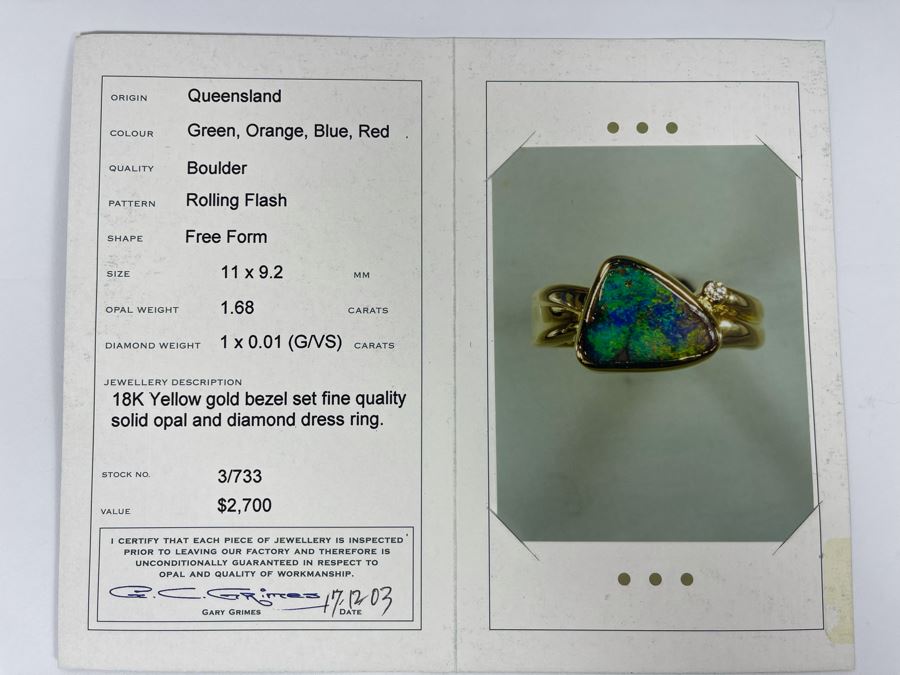 18K Gold Bezel Set Fine Quality Opal And Diamond Dress Ring Size 7.25 Appraised At $2,700 In 2003 [Photo 14]