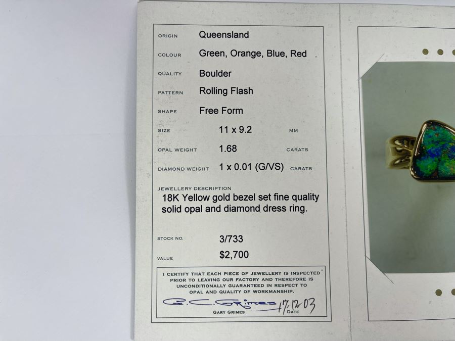 18K Gold Bezel Set Fine Quality Opal And Diamond Dress Ring Size 7.25 Appraised At $2,700 In 2003 [Photo 15]