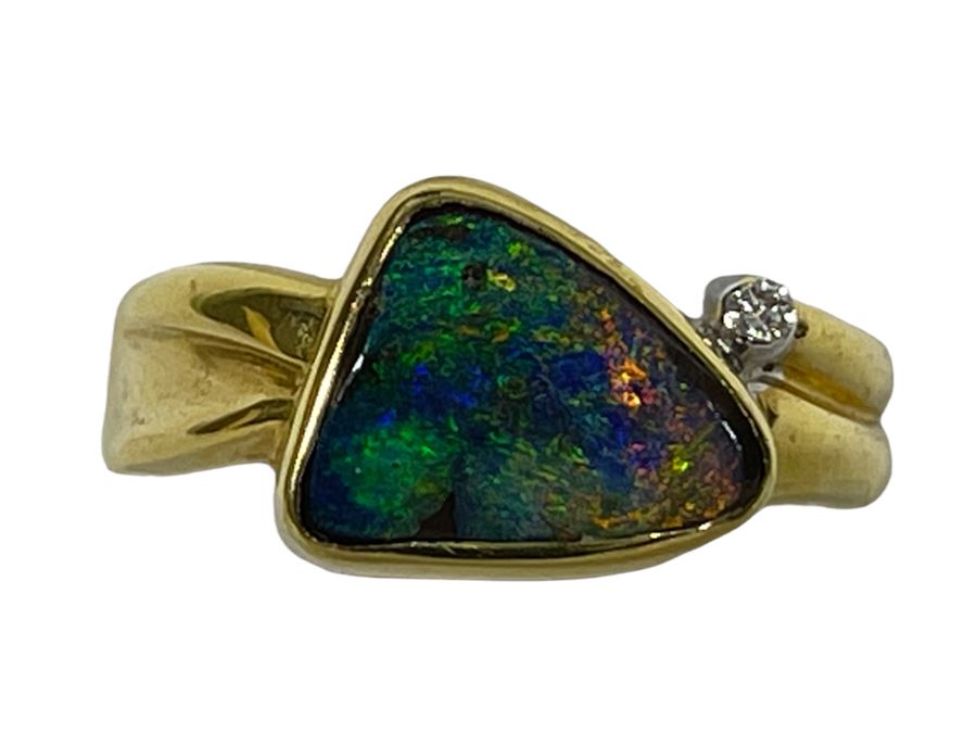 18K Gold Bezel Set Fine Quality Opal And Diamond Dress Ring Size 7.25 Appraised At $2,700 In 2003