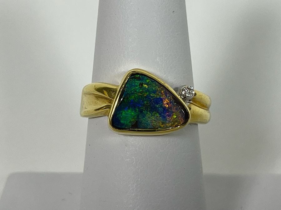 18K Gold Bezel Set Fine Quality Opal And Diamond Dress Ring Size 7.25 Appraised At $2,700 In 2003 [Photo 4]