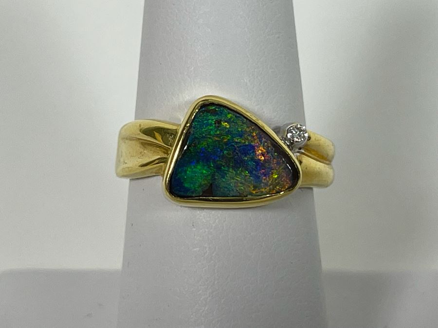 18K Gold Bezel Set Fine Quality Opal And Diamond Dress Ring Size 7.25 Appraised At $2,700 In 2003 [Photo 3]