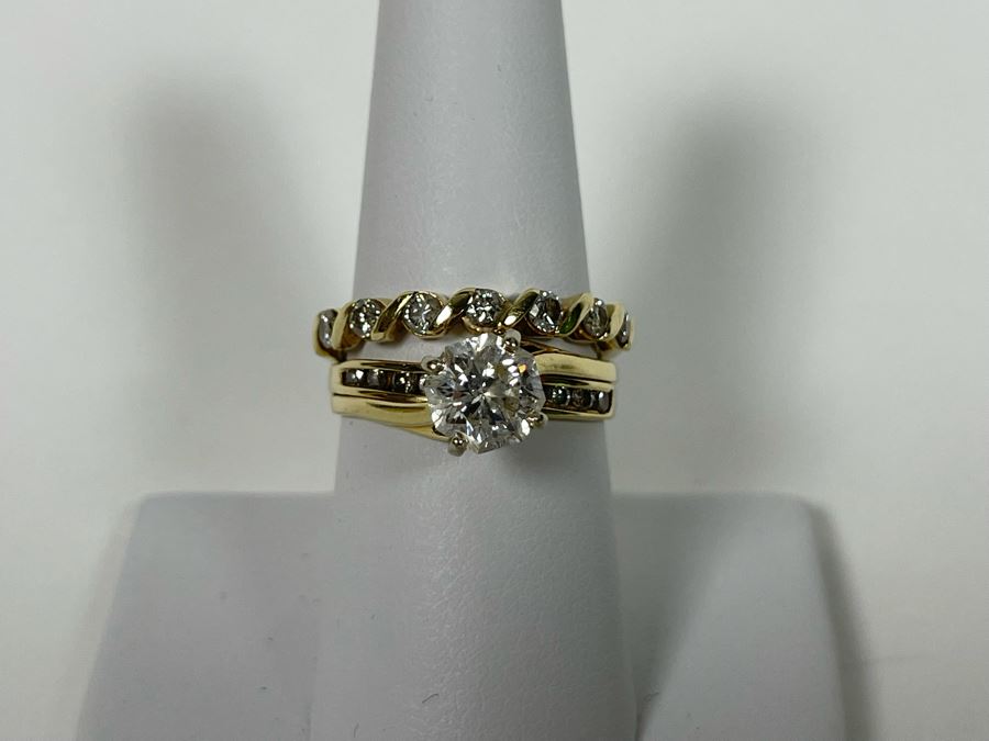 One Set Of Two 14K Gold Diamond Rings Set With Ten Diamonds (0.24 Ct.) And A Center Diamond (0.71 Ct.) VS2 Color G (Total Diamond Weight 0.95 Ct) 6.1g Appraised In 1991 At $3,880 [Photo 3]