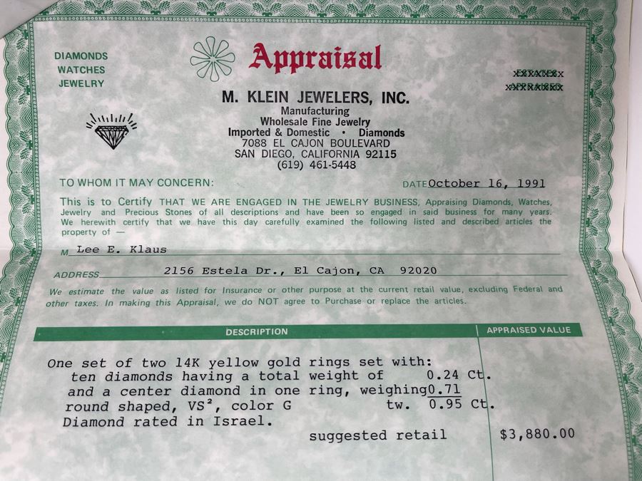 One Set Of Two 14K Gold Diamond Rings Set With Ten Diamonds (0.24 Ct.) And A Center Diamond (0.71 Ct.) VS2 Color G (Total Diamond Weight 0.95 Ct) 6.1g Appraised In 1991 At $3,880 [Photo 26]