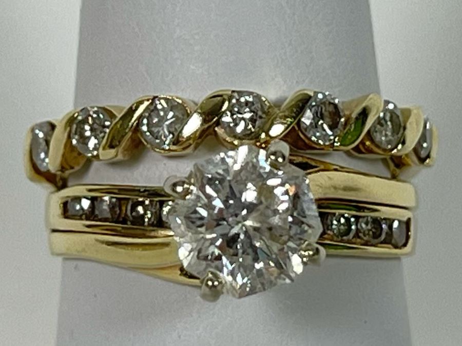 One Set Of Two 14K Gold Diamond Rings Set With Ten Diamonds (0.24 Ct.) And A Center Diamond (0.71 Ct.) VS2 Color G (Total Diamond Weight 0.95 Ct) 6.1g Appraised In 1991 At $3,880 [Photo 1]