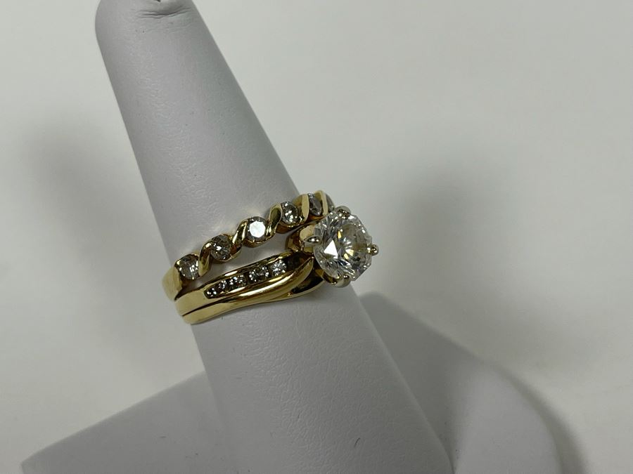 One Set Of Two 14K Gold Diamond Rings Set With Ten Diamonds (0.24 Ct.) And A Center Diamond (0.71 Ct.) VS2 Color G (Total Diamond Weight 0.95 Ct) 6.1g Appraised In 1991 At $3,880 [Photo 15]