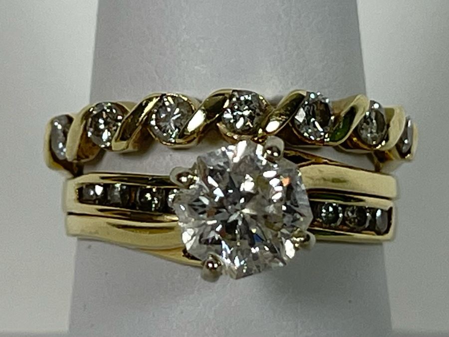 One Set Of Two 14K Gold Diamond Rings Set With Ten Diamonds (0.24 Ct.) And A Center Diamond (0.71 Ct.) VS2 Color G (Total Diamond Weight 0.95 Ct) 6.1g Appraised In 1991 At $3,880 [Photo 2]
