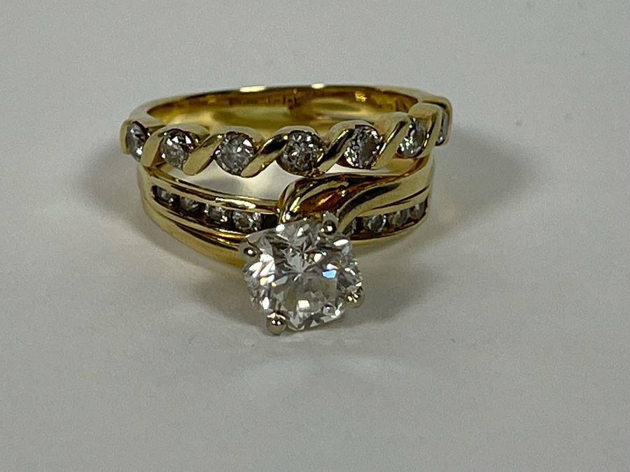 One Set Of Two 14K Gold Diamond Rings Set With Ten Diamonds (0.24 Ct.) And A Center Diamond (0.71 Ct.) VS2 Color G (Total Diamond Weight 0.95 Ct) 6.1g Appraised In 1991 At $3,880 [Photo 23]