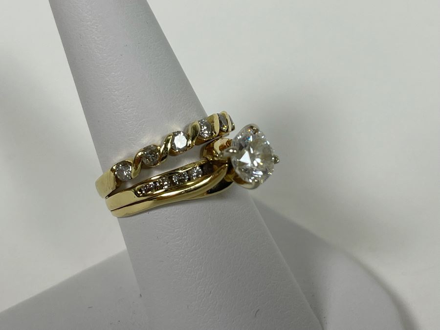 One Set Of Two 14K Gold Diamond Rings Set With Ten Diamonds (0.24 Ct.) And A Center Diamond (0.71 Ct.) VS2 Color G (Total Diamond Weight 0.95 Ct) 6.1g Appraised In 1991 At $3,880 [Photo 12]