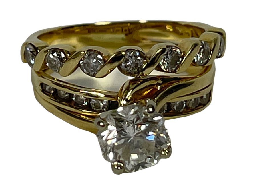 One Set Of Two 14K Gold Diamond Rings Set With Ten Diamonds (0.24 Ct.) And A Center Diamond (0.71 Ct.) VS2 Color G (Total Diamond Weight 0.95 Ct) 6.1g Appraised In 1991 At $3,880 [Photo 24]