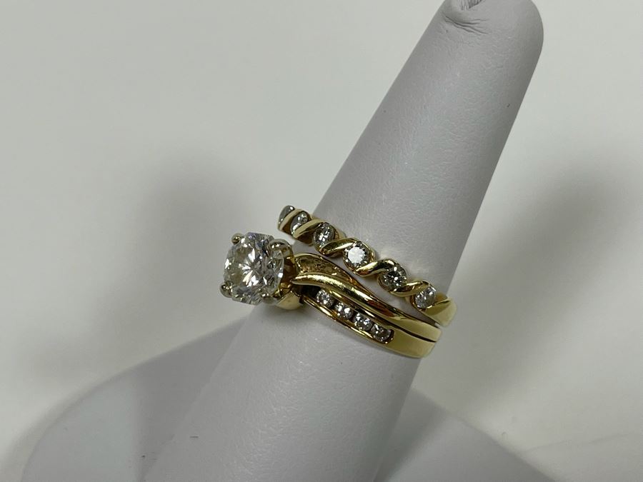 One Set Of Two 14K Gold Diamond Rings Set With Ten Diamonds (0.24 Ct.) And A Center Diamond (0.71 Ct.) VS2 Color G (Total Diamond Weight 0.95 Ct) 6.1g Appraised In 1991 At $3,880 [Photo 6]