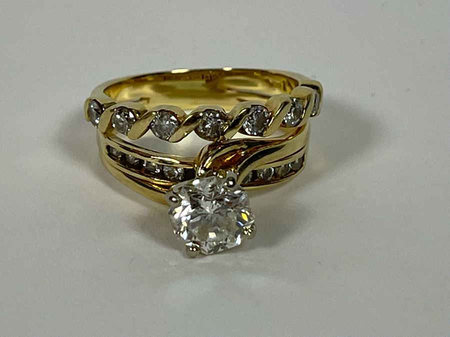 One Set Of Two 14K Gold Diamond Rings Set With Ten Diamonds (0.24 Ct.) And A Center Diamond (0.71 Ct.) VS2 Color G (Total Diamond Weight 0.95 Ct) 6.1g Appraised In 1991 At $3,880 [Photo 22]