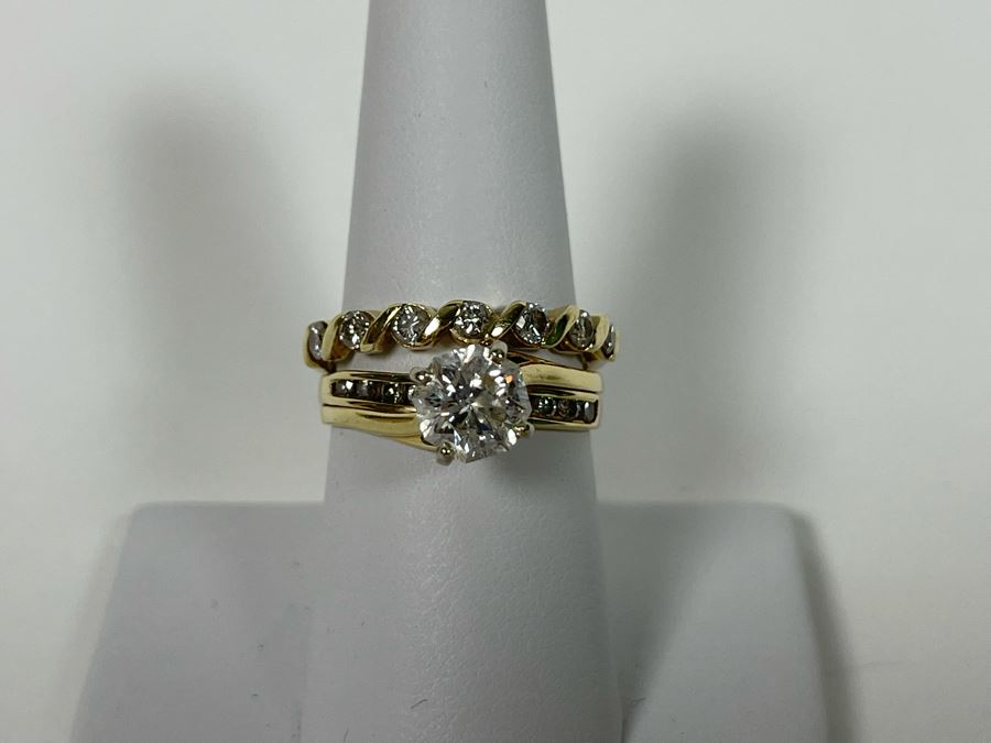 One Set Of Two 14K Gold Diamond Rings Set With Ten Diamonds (0.24 Ct.) And A Center Diamond (0.71 Ct.) VS2 Color G (Total Diamond Weight 0.95 Ct) 6.1g Appraised In 1991 At $3,880 [Photo 4]