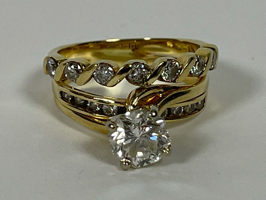 One Set Of Two 14K Gold Diamond Rings Set With Ten Diamonds (0.24 Ct.) And A Center Diamond (0.71 Ct.) VS2 Color G (Total Diamond Weight 0.95 Ct) 6.1g Appraised In 1991 At $3,880 [Photo 21]