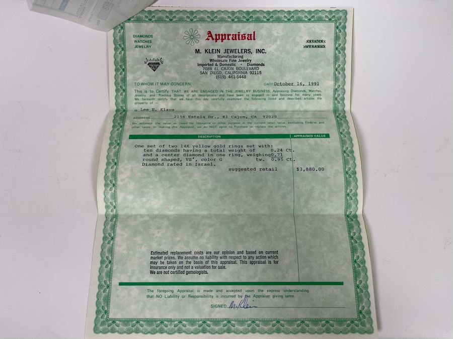 One Set Of Two 14K Gold Diamond Rings Set With Ten Diamonds (0.24 Ct.) And A Center Diamond (0.71 Ct.) VS2 Color G (Total Diamond Weight 0.95 Ct) 6.1g Appraised In 1991 At $3,880 [Photo 25]