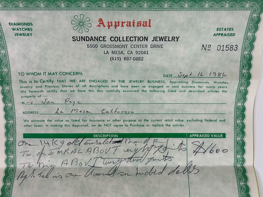 14K Gold Emerald Diamond Ring 5.5g Appraised In 1986 At $1,600 [Photo 19]