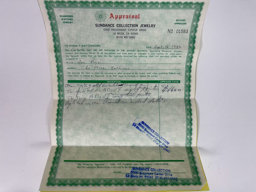 14K Gold Emerald Diamond Ring 5.5g Appraised In 1986 At $1,600 [Photo 18]