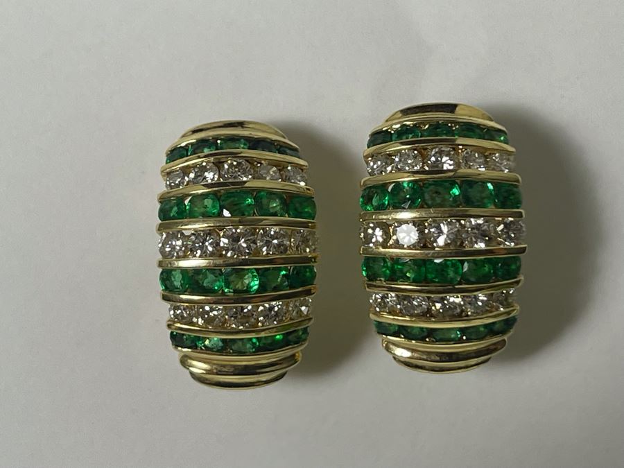 Pair Of 14K Gold Emerald Diamond Earrings 5.5g Appraised In 1986 At $3,200 [Photo 3]