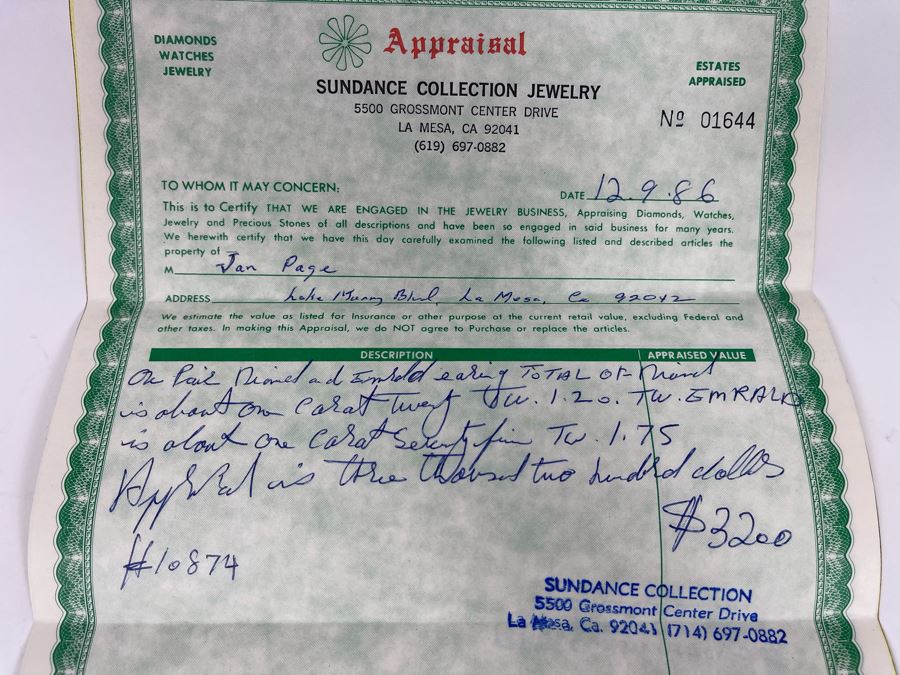 Pair Of 14K Gold Emerald Diamond Earrings 5.5g Appraised In 1986 At $3,200 [Photo 14]