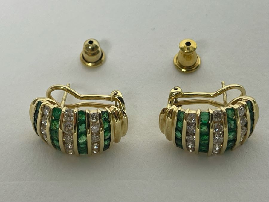 Pair Of 14K Gold Emerald Diamond Earrings 5.5g Appraised In 1986 At $3,200 [Photo 6]