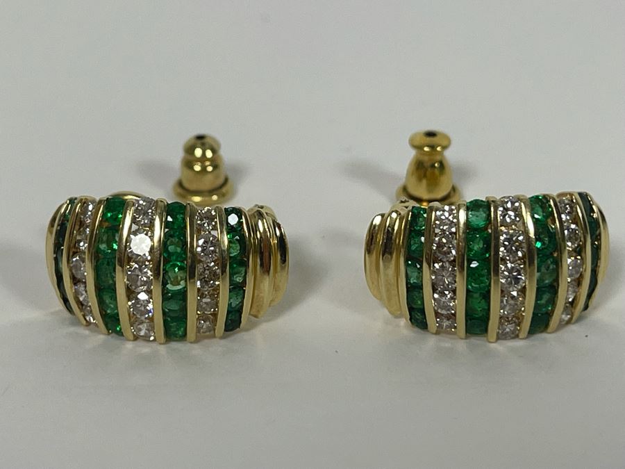 Pair Of 14K Gold Emerald Diamond Earrings 5.5g Appraised In 1986 At $3,200 [Photo 5]