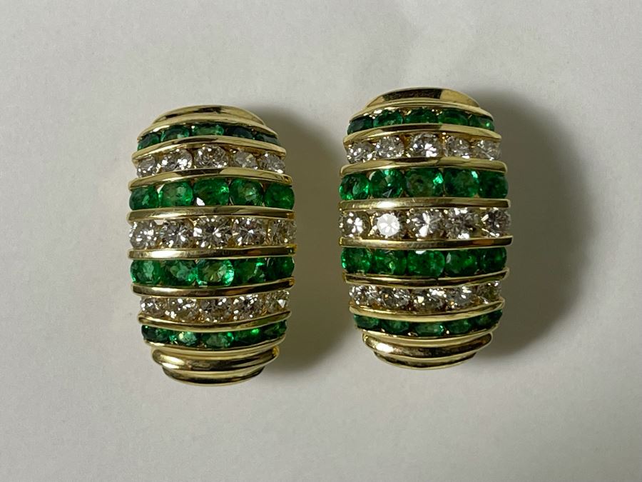 Pair Of 14K Gold Emerald Diamond Earrings 5.5g Appraised In 1986 At $3,200 [Photo 2]
