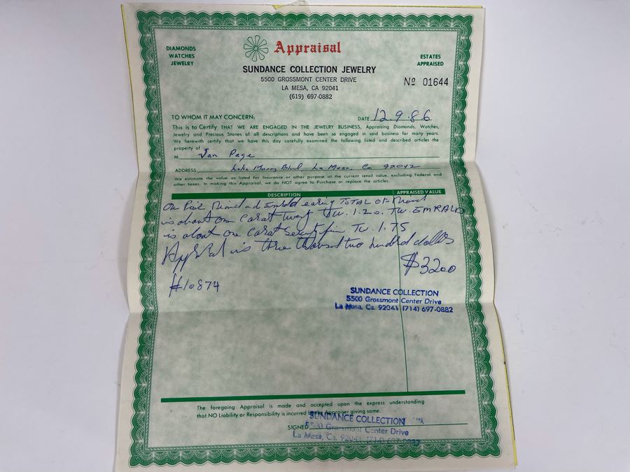 Pair Of 14K Gold Emerald Diamond Earrings 5.5g Appraised In 1986 At $3,200 [Photo 13]