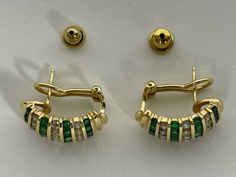 Pair Of 14K Gold Emerald Diamond Earrings 5.5g Appraised In 1986 At $3,200 [Photo 7]