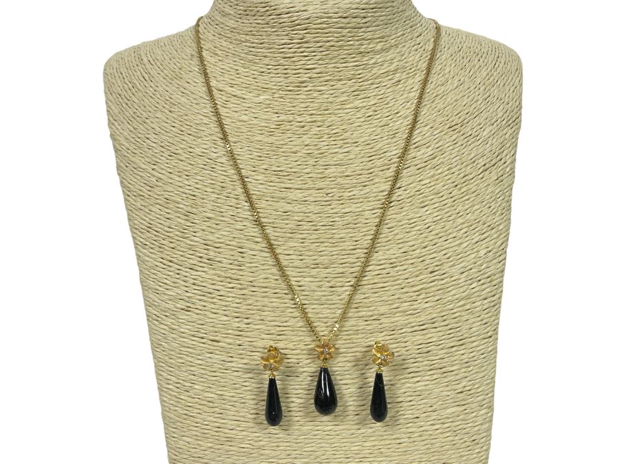14K Gold Black Coral Pendant And Matching Earrings With 14K Gold 20' Necklace 6.8g [Photo 1]