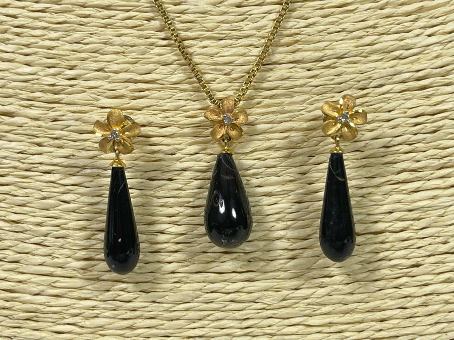 14K Gold Black Coral Pendant And Matching Earrings With 14K Gold 20' Necklace 6.8g [Photo 3]