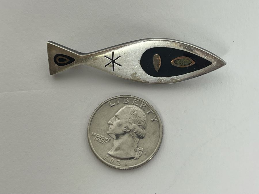 Mid-Century Modern Sterling Silver Inlay Brooch Pin Mexico [Photo 8]