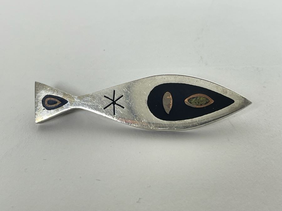 Mid-Century Modern Sterling Silver Inlay Brooch Pin Mexico [Photo 3]