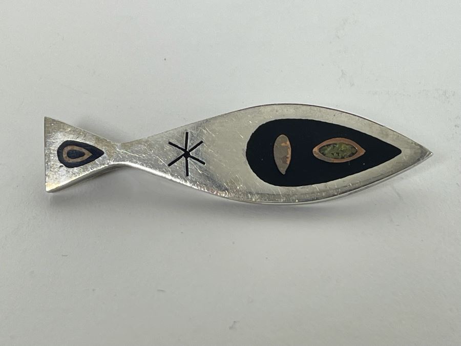 Mid-Century Modern Sterling Silver Inlay Brooch Pin Mexico [Photo 2]