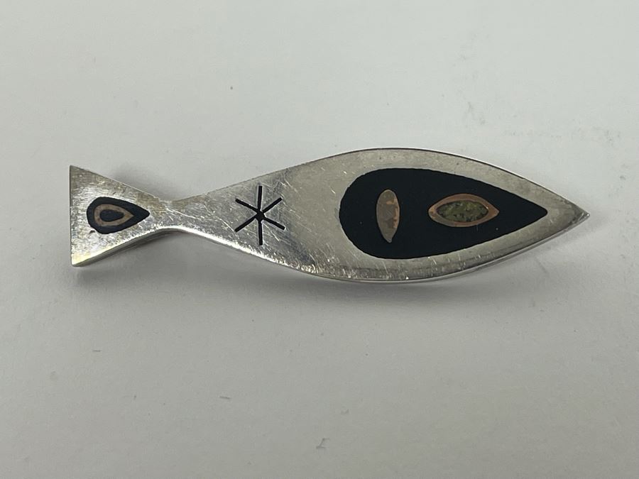 Mid-Century Modern Sterling Silver Inlay Brooch Pin Mexico [Photo 4]